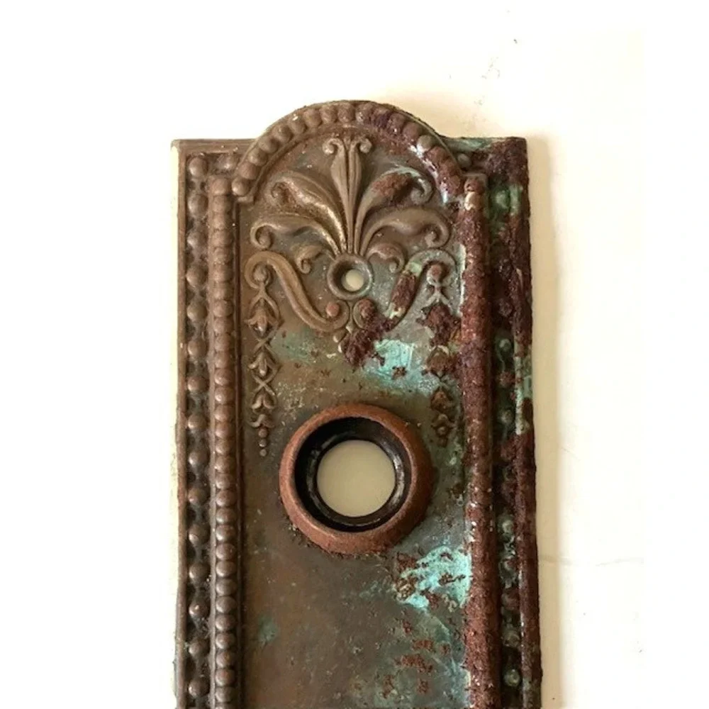Antique Vintage Door Escutcheon Plate w Beaded Border, Floral Motifs & Key Hole